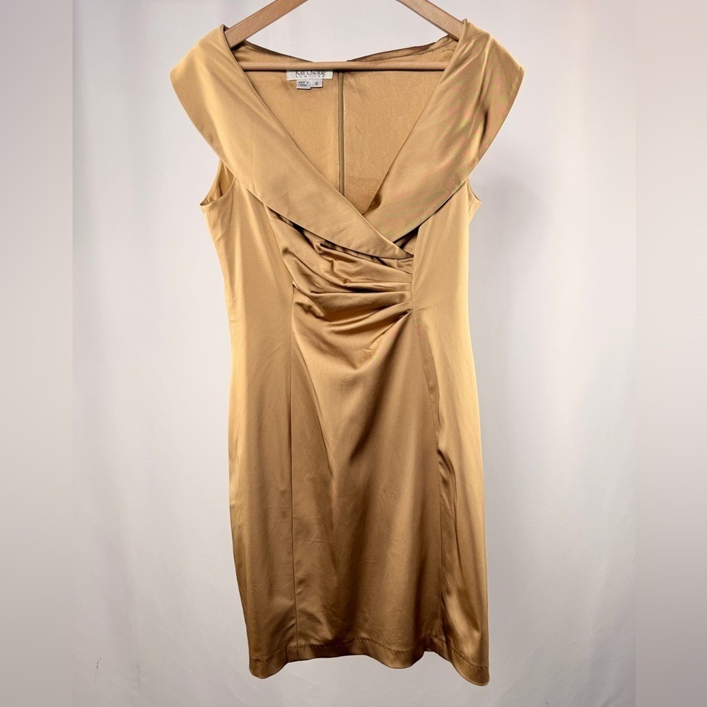 KAY UNGER Champagne Satin Portrait Collar Sleeveless Ruched Dress Size 10